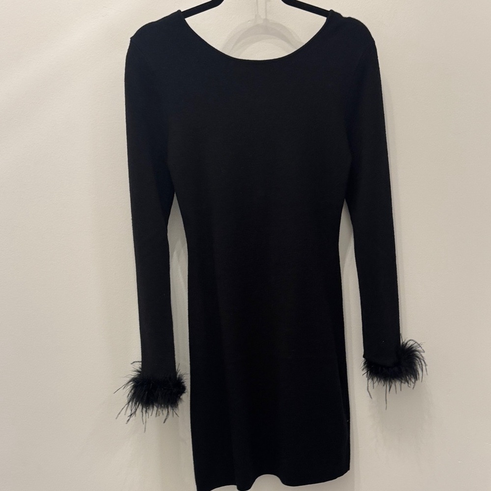 Moon River Black Long Sleeve Dress with Feather Cuffs